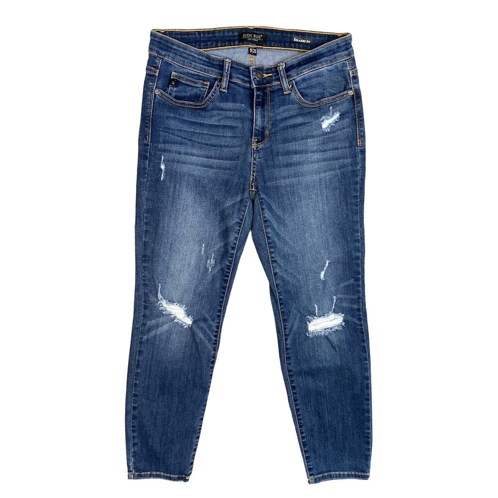 Judy Blue Jeans Distressed Relaxed Fit Women Sz 29 Blue Stretch Ankle Crop